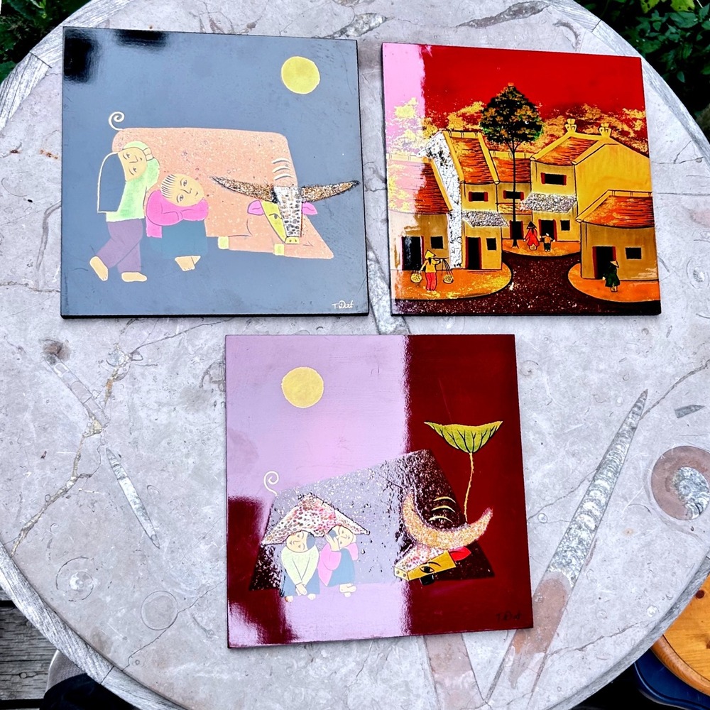 Vintage Vietnamese Lacquer Painting Set 3 Wood Panel Son Mai Village Art T. Dat
